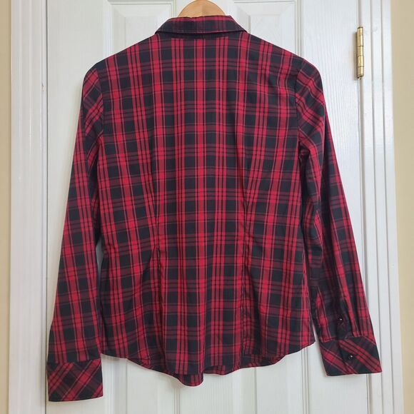 Talbots Stretch Long Sleeve Red Black Plaid Popover Blouse Ruffle Preppy Size 6 - Picture 5 of 9